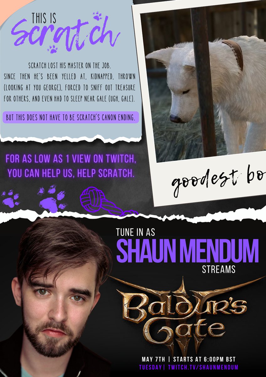 STREAMING ANNOUNCEMENT! I am streaming on @Twitch for the first time EVER! Next week, Tuesday 7th May, from 6PM BST/1PM EST/10AM PST Let's play #BaldursGate3 and adopt the bestest boi🥹 Who’s coming? It’s gonna be great! twitch.tv/shaunmendum @DonTinkyWinky @GoodBiRanger