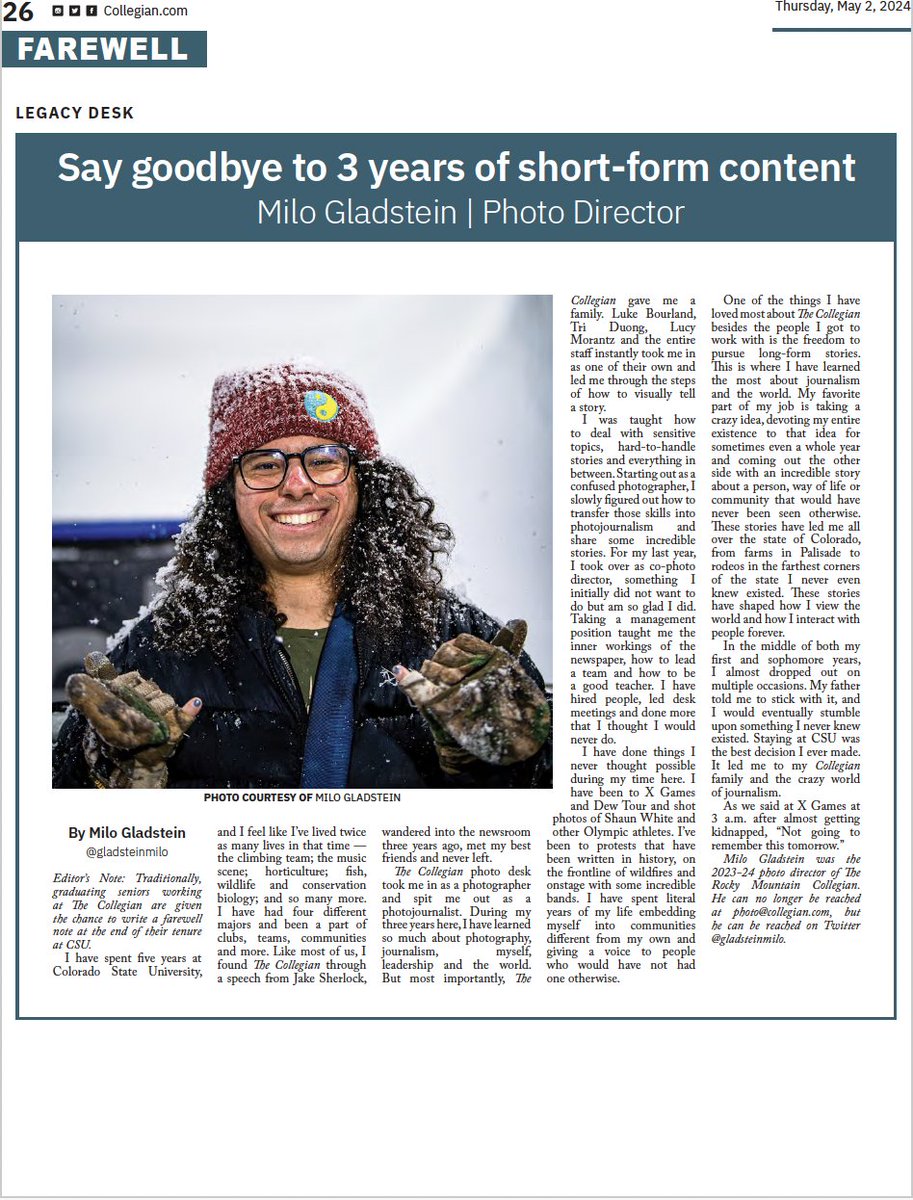 CSUCollegian's tweet image. SENIOR FAREWELLS: Bidding goodbye to Milo Gladstein, photo director, Lauren Pallemaerts, executive editor, Ivy Secrest, content managing editor and Emma Ward, content managing editor

#csucollegian #coloradostateuniversity