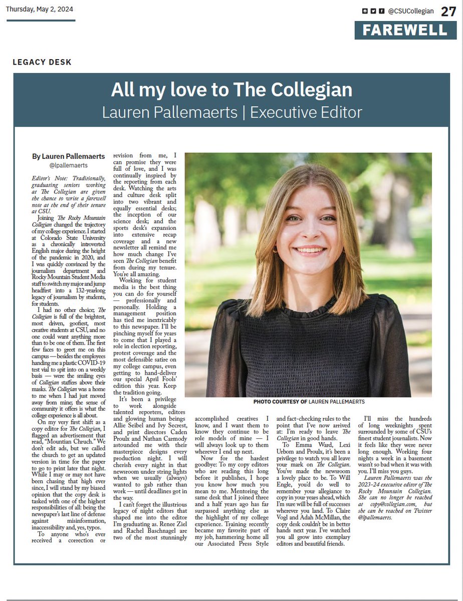 CSUCollegian's tweet image. SENIOR FAREWELLS: Bidding goodbye to Milo Gladstein, photo director, Lauren Pallemaerts, executive editor, Ivy Secrest, content managing editor and Emma Ward, content managing editor

#csucollegian #coloradostateuniversity