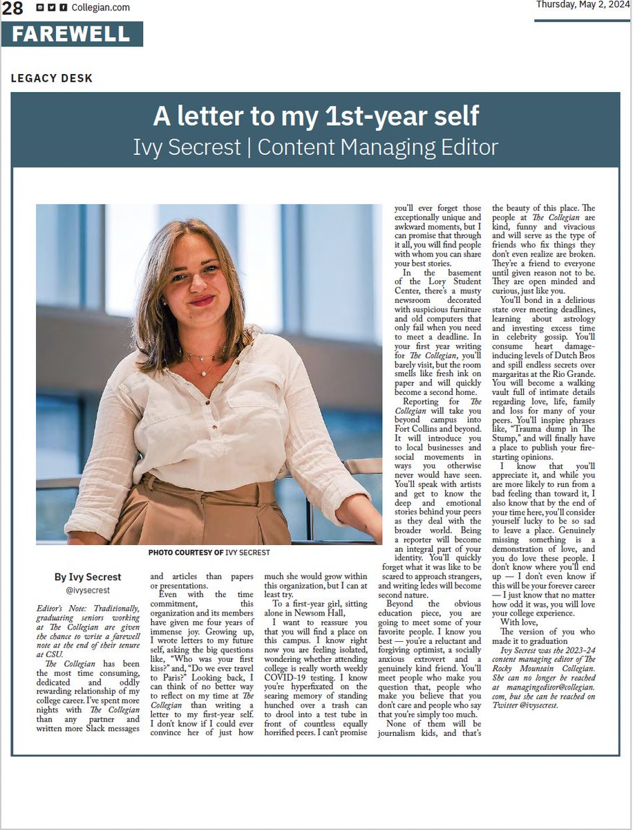 CSUCollegian's tweet image. SENIOR FAREWELLS: Bidding goodbye to Milo Gladstein, photo director, Lauren Pallemaerts, executive editor, Ivy Secrest, content managing editor and Emma Ward, content managing editor

#csucollegian #coloradostateuniversity