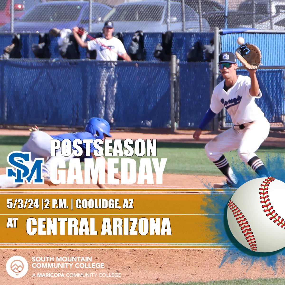 POSTSEASON GAMEDAY! @SoMtnBaseball travels to Central Arizona for a Region I Division I semifinal at 2 p.m. Follow along with live stats on the @GCsports app! If you can't make it, stream the game live for free here: tsbnsports.com/2024-njcaa-reg… 🐾⚾️