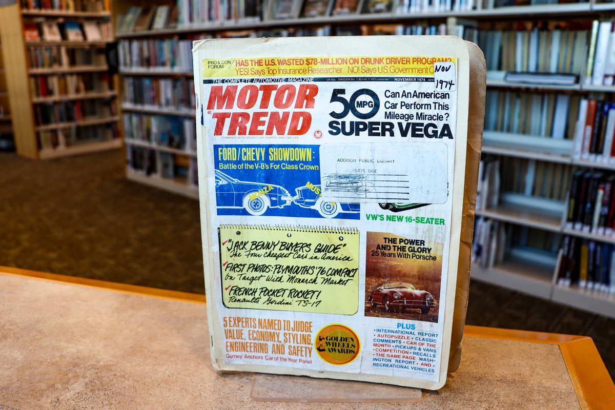 A blast from the past… This @MotorTrend magazine from November 1974 was just returned to our library after nearly 50 years!

Thank you to the patron that returned this to us! Luckily, we do not charge late fees for any materials checked out from APL!