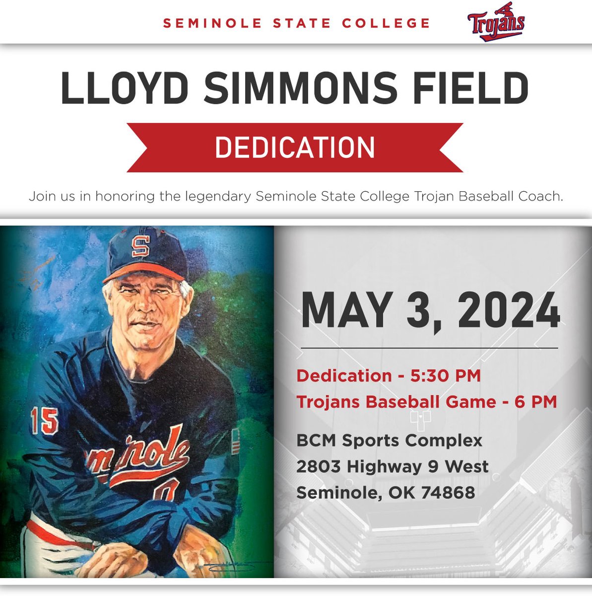 Join us as we host the dedication ceremony of Lloyd Simmons Field this afternoon at 5:30 p.m. at the BCM Sports Complex. Admission to the field dedication and the subsequent Trojan baseball game at 6:00 p.m. will be free for all attendees. Read More: tinyurl.com/527p5fvh