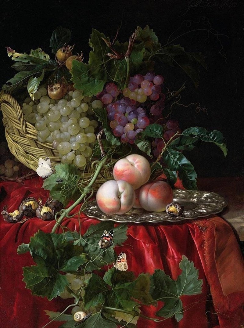 Artist Willem van Aelst (1627-1683).
 'Still life with a basket, grapes, chestnuts and peaches on a platter', 1677. Oil on canvas.  74 x 56.5 cm. Private collection.

#artist #painting #the17thcenturyart #art #ArtliveAndBeauty #paintingoftheday #stilllifepainting #WillemvanAelst