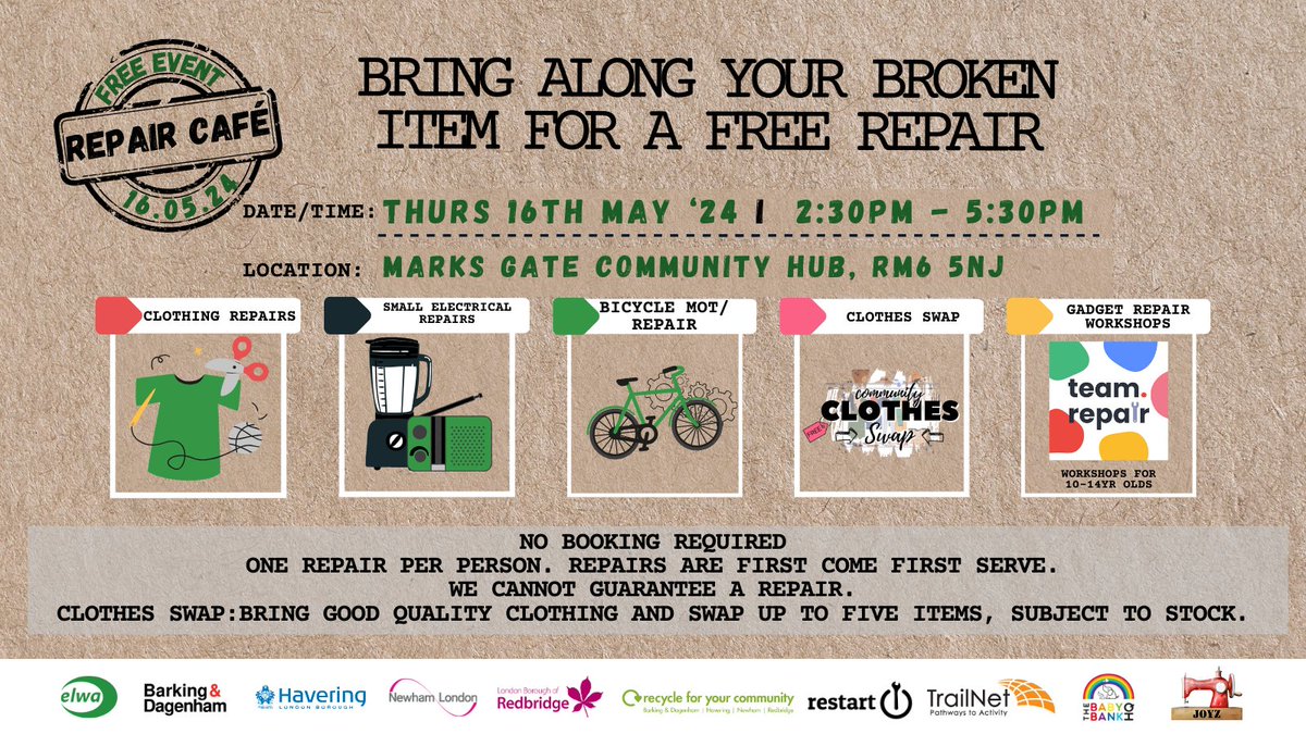 🎉Our next Repair Café from ELWA and @lbbdcouncil will be on Thurs 16th May🎉 ⏰2.30-5.30pm 📍Marks Gate Community Hub, RM6 5NJ 🚲Bicycle🔧Electrical 🧵Textile repairs 🎽Clothes Swap Gadget Repair Workshop at 4pm 🖱️Book here: ow.ly/gzgA50Rw2G6 🖱️ow.ly/Poct50Rw2FV