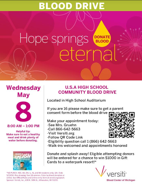 USA's NHS has their next blood drive coming up on Wednesday, May 8th. View the flyer for more details.