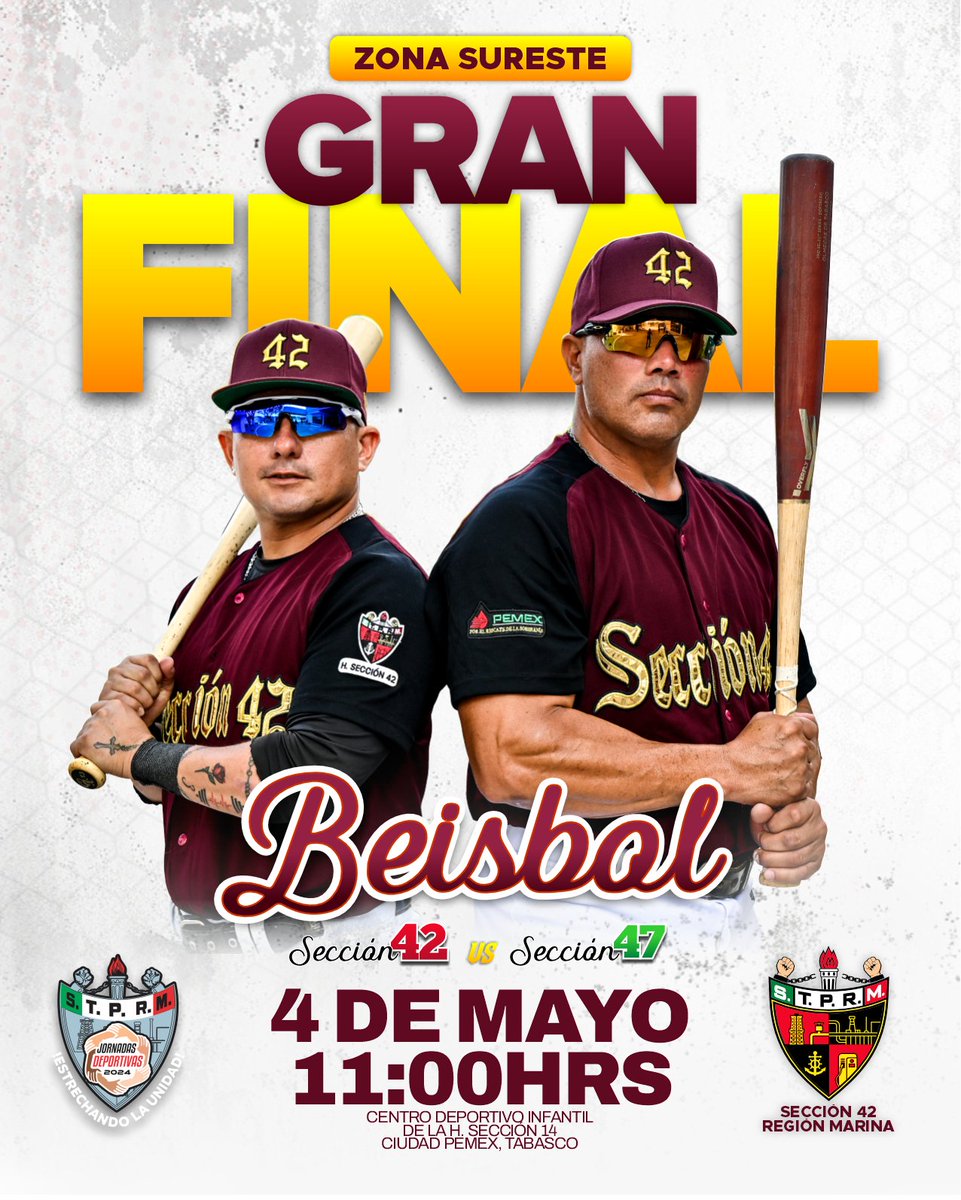 Mañana sábado la Sección 42 disputará la Final del Beisbol Varonil en las #JornadasDeportivasSTPRM2024 Zona Sureste. La cita es en Ciudad Pemex y hacemos una atenta y cordial invitación para acompañar a nuestros jugadores en tan importante partido.

¡Ven y apoya a la Sección 42!…