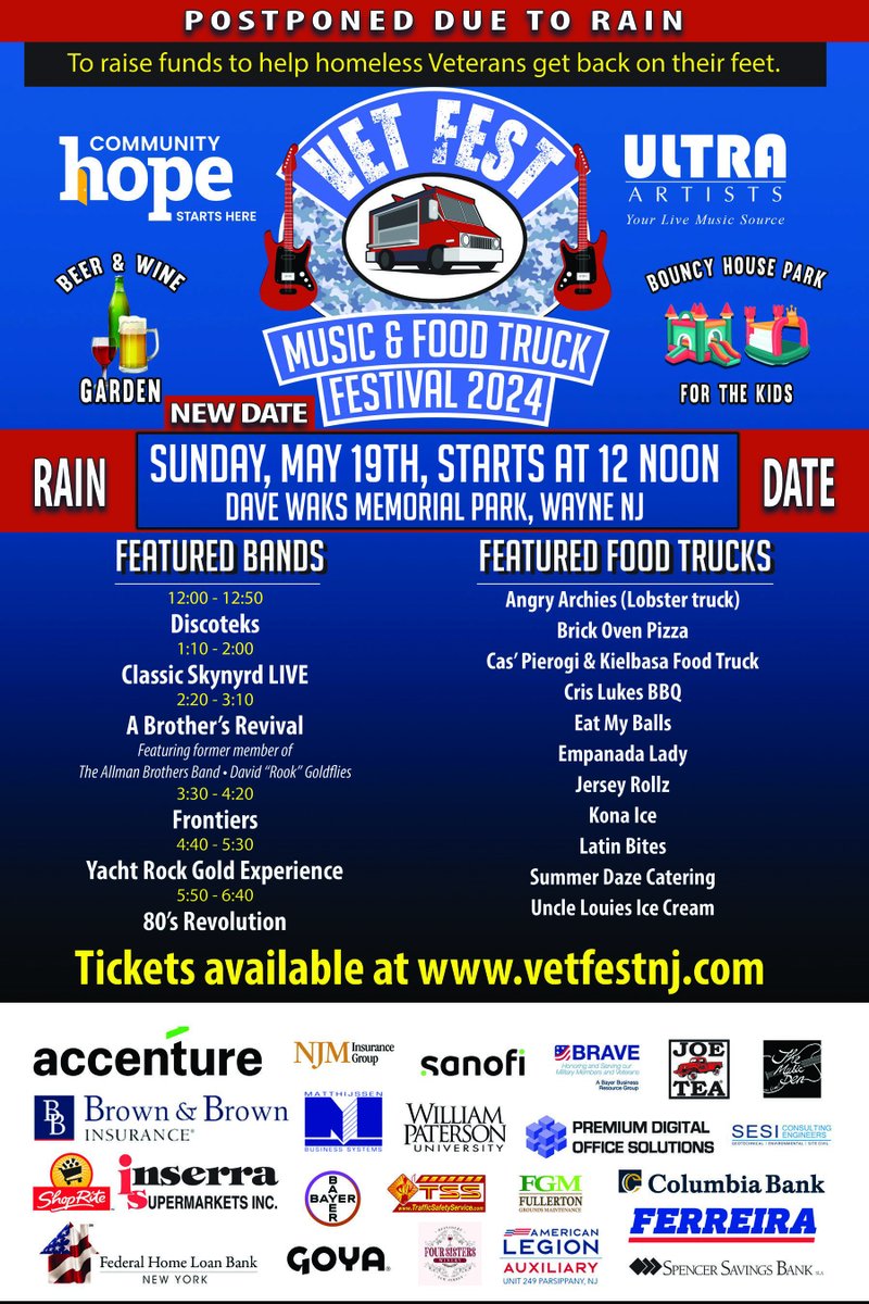 🌧️ Due to forecasted rain, @CommunityHopeNJ VetFest is postponed to May 19th -- same time, same place. But don't fret! It'll be a day of music, food, and supporting our #veterans you won't want to miss. Mark your calendars! 🇺🇸 #SupportOurVeterans

communityhope-nj.org/events/vet-fes…