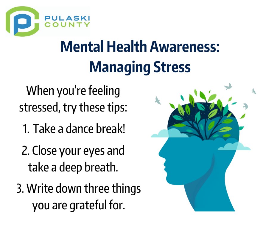 May is Mental Health Awareness Month! Pulaski County Government encourages all residents to prioritize self-care. Take a breather with these stress-reducing exercises and nurture your mental well-being. Remember, your mental health matters!🧠❤️#MentalHealthMonth #bekindtoyourmind