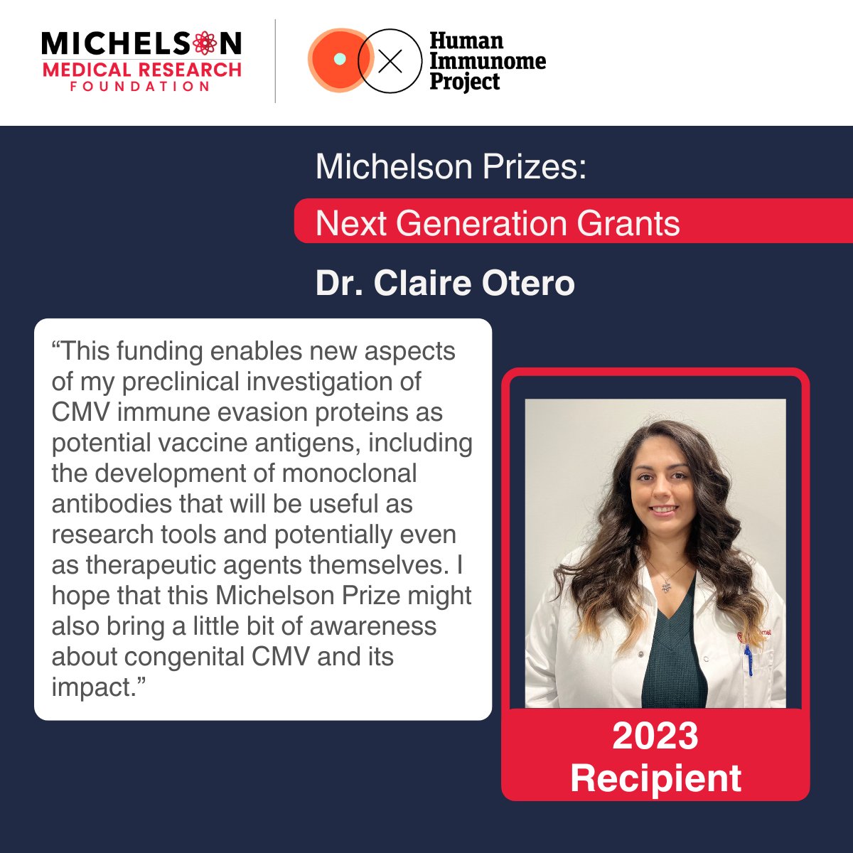 The #MichelsonPrizes offer early-career scientists funding to drive innovative research on immunology, vaccine discovery, and immunotherapies. 2023 awardee @ClaireEOtero is using the grant to advance her work combatting CMV. Submit your proposal today! michelsonprizes.smapply.org