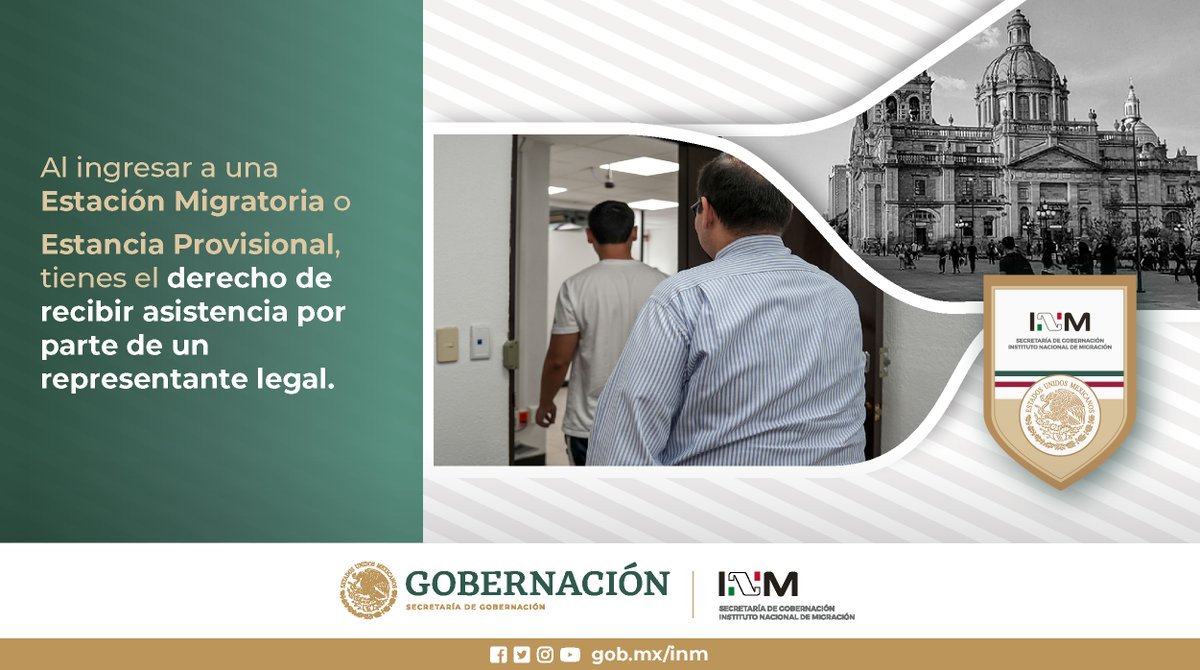 #INMContigo| En las Estaciones Migratorias o Estancias Provisionales del @INAMI_mx las personas #migrantes tienen el derecho de recibir asistencia 🤜🏻🤛🏻 de un representante legal.
#MigraciónMéxico 🇲🇽