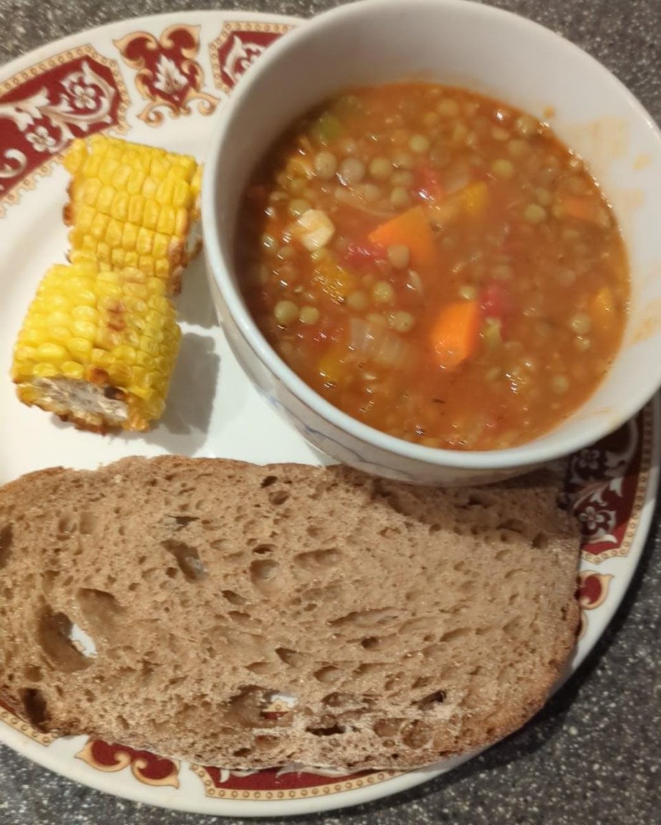 Homemade vegetable soup with a slice of sourdough bread and corn on the cob. #healthy #vegan #superfood