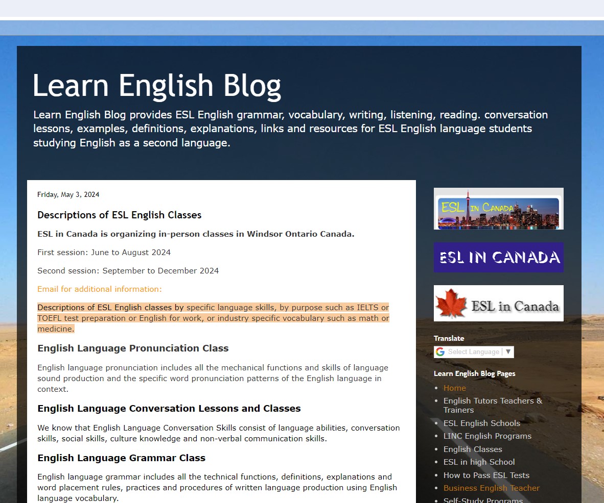 ESL in Canada is organizing in-person classes in Windsor Ontario Canada.

First session: June to August 2024

Second session: September to December 2024

Email : eslincanada@gmail.com for additional info