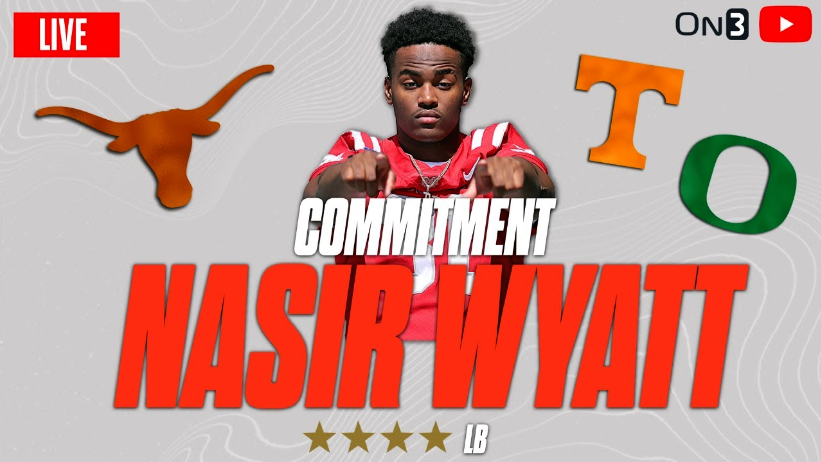 LIVE COMMITMENT: 4-star LB Nasir Wyatt is set to announce his decision at 3 p.m. ET on the @On3Recruits YouTube channel‼️ Will it be Texas, Oregon or Tennessee?🤔 on3.com/news/4-star-lb…