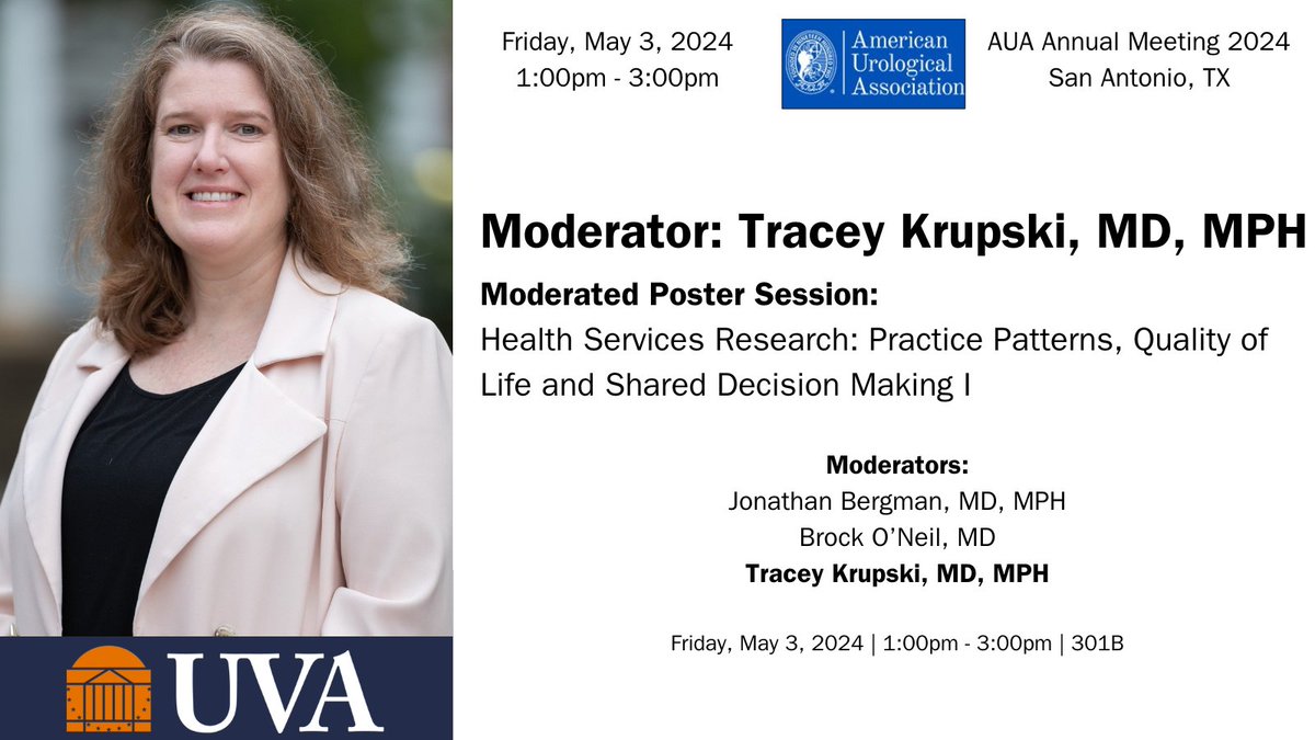 The @uvaurology Vice Chair, Dr. Tracey Krupski, will be co-moderating a session on #qualityoflife and #shareddecisionmaking. We guarantee your quality of life will be vastly improved by hearing from Dr. Krupski and all of the amazing speakers. #AUA24