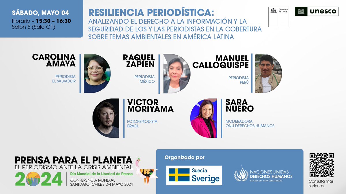 #Mañana te invitamos a escuchar a periodistas latinoamericanos analizar los riesgos que enfrentan en la cobertura de temas ambientales desde la Conferencia Mundial del Día de #LibertadDePrensa 🕞15:30 h (Santiago 🇨🇱) 📺 rb.gy/ha2el2 Gracias a @SwedeninCOL