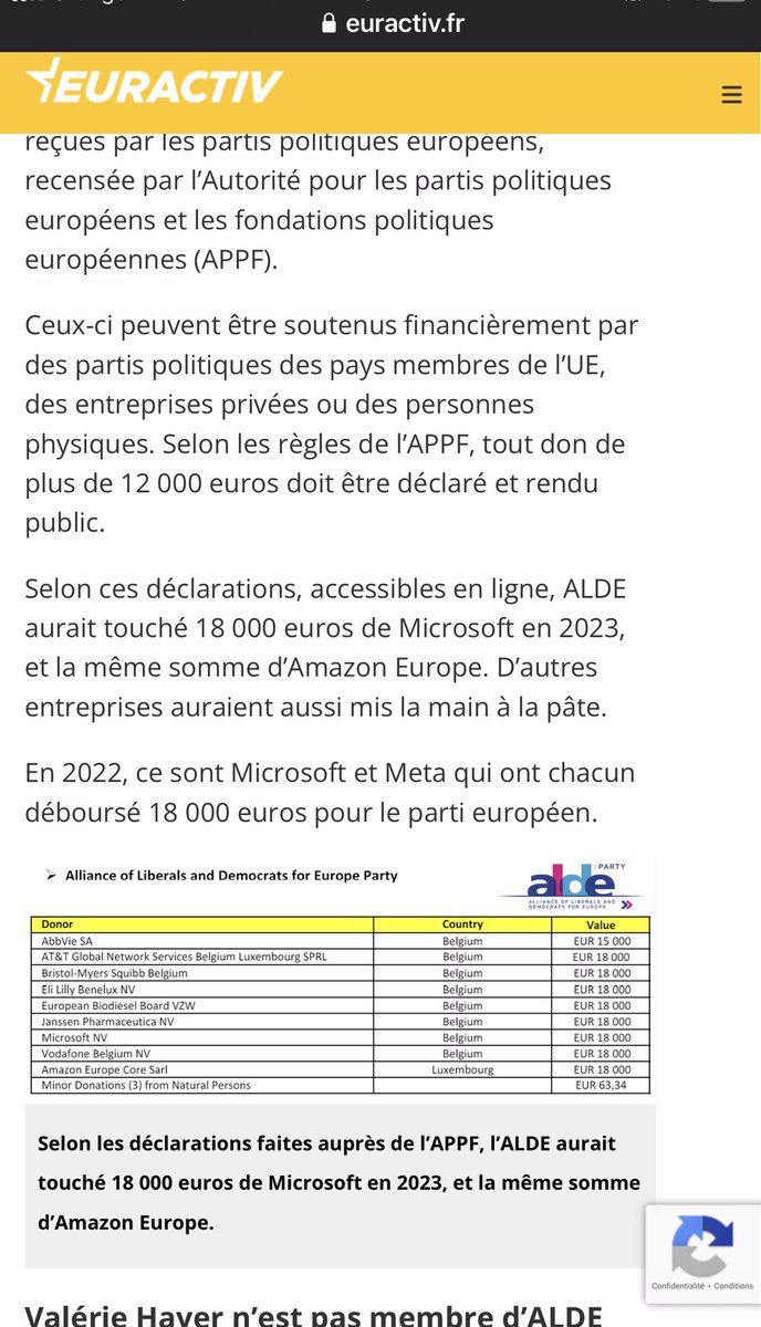 Le partie ALDE, membre de Renew (le parti européen de Hayer) est bien financé par les Gafam et big pharma⤵️ euractiv.fr/section/electi…