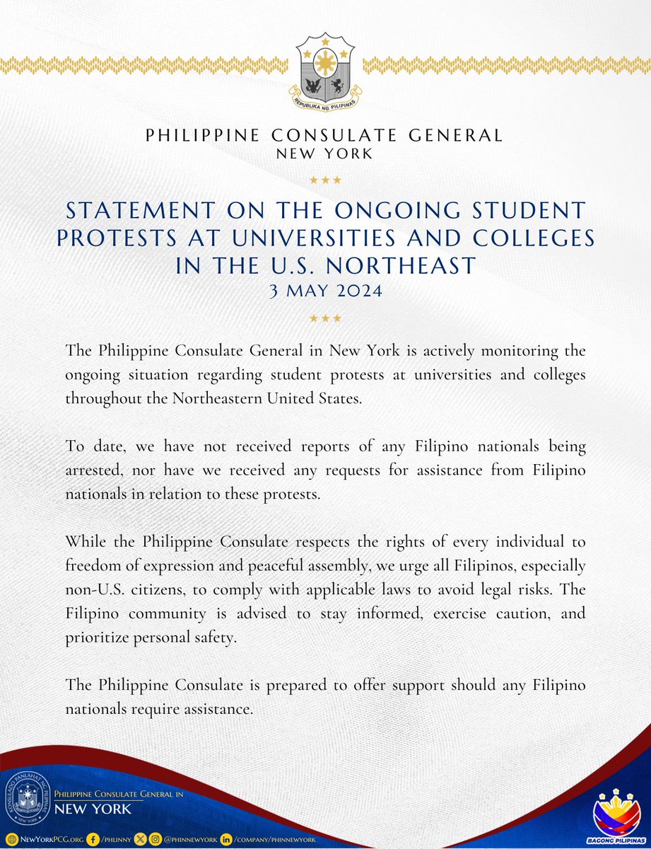 Statement of the Philippine Consulate General in New York on the Ongoing Student Protests at Universities and Colleges in the U.S. Northeast

#DFAForgingAhead