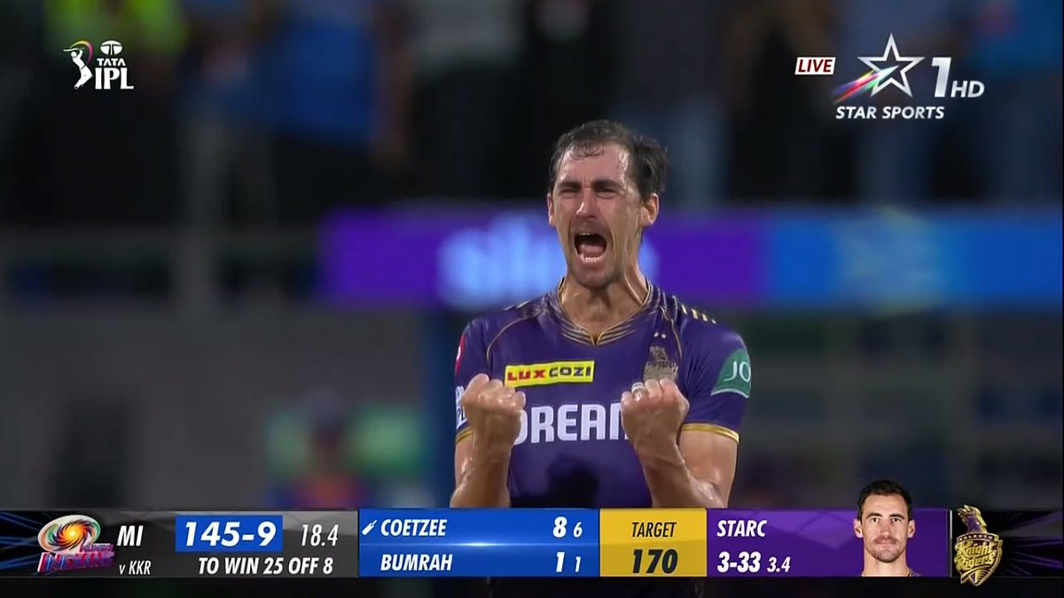 Mitchell Starc in the last 11 balls when MI needed 46 in 4 overs: 1,1,0,1,0,0,6,W,W,1,W. 🤯🔥