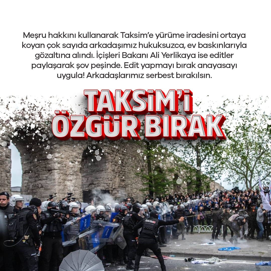 Taksim, suç mahalli değil; Taksim'e yürümek isteyenler suçlu değil. 1 Mayıs'ta Taksim'e yürümek fiili meşru mücadeledir. Sermayenin her türlü hak gaspı ve saldırısını normalleştirme işlevi gören holdingçiler işçiye, emekçi halka yol icazet tayin edemez! #TaksimiÖzgürBırak…