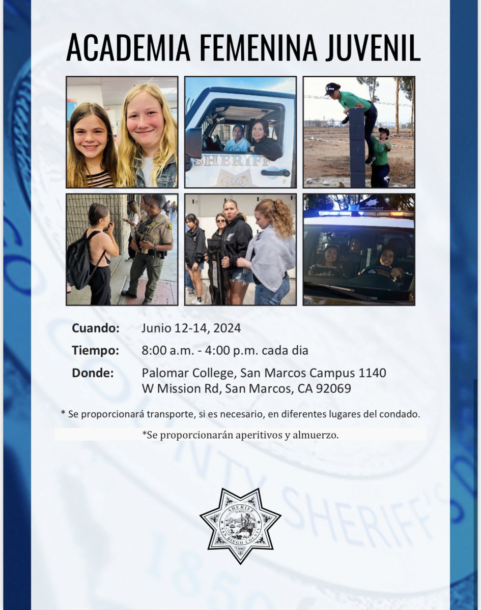 Are you a women between the ages of 14-18 and enrolled in high School? Are you interested in possible careers in Law Enforcement? Sign-up for the Junior Women's Academy with the San Diego County Sheriff's Department, June 12-14, 8am-4pm. #sdso #valleycenter
