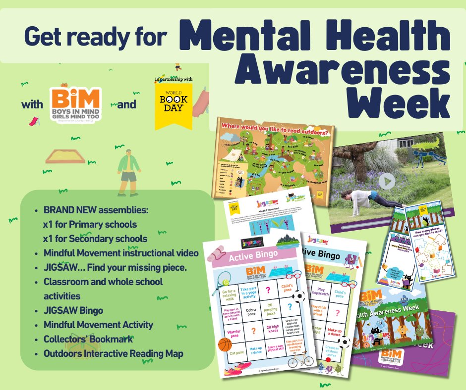 📢GET READY for #MentalHealthAwarenessWeek 13-17th May! ow.ly/teRr50RtxtR 🚨Available NOW: FREE materials to use in your school for mental health week and other times when your pupils may need some encouragement to get moving! @mentalhealth @boysinminduk @worldbookdayuk