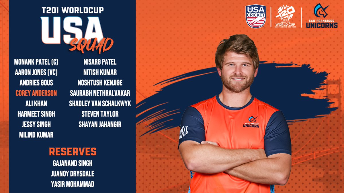 Ready to Sparkle✨ on the World Stage 🏏🌎 Congrats Corey Anderson on your USA Squad selection for the ICC Men's T20 World Cup 🏆 #SFUnicorns #T20WorldCup