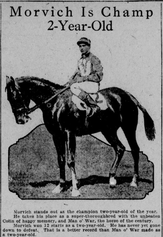LibraryofVA's tweet photo. And they're off! It's the first Saturday in May which means it’s #KentuckyDerby time! #Morvich, undefeated in his first 12 races and victor of the 1922 #KentuckyDerby, never got another win after that ‘22 Derby. #Morvich featured in the Norfolk Post of Dec. 23, 1921. #VaChron https://t.co/hqcR1mulR9
