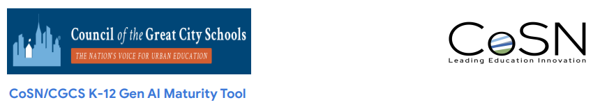 CoSN & @GreatCitySchls, w/@AWS, launched the K-12 Generative AI Maturity Tool, following 2023 Readiness Checklist - ow.ly/v7kR50Rw7mO - a free tool that helps districts assess AI readiness, w/instant results & tailored recommendations for growth @ElearnTom @keithkrueger