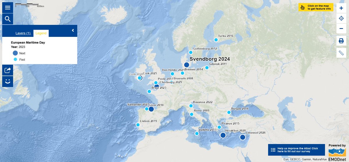 With the #MapOfTheWeek, learn about European Maritime Day #EMD which will take place in Denmark on 🗓️30-31 May 2024 & discover the 📄🗺️programme of #EMDinMyCountry! 🌊👥maritime-forum.ec.europa.eu/map-week-europ… #marinedata #opendata #OceanLiteracy #blueeconomy #EU4Ocean @EU_MARE @emodnet