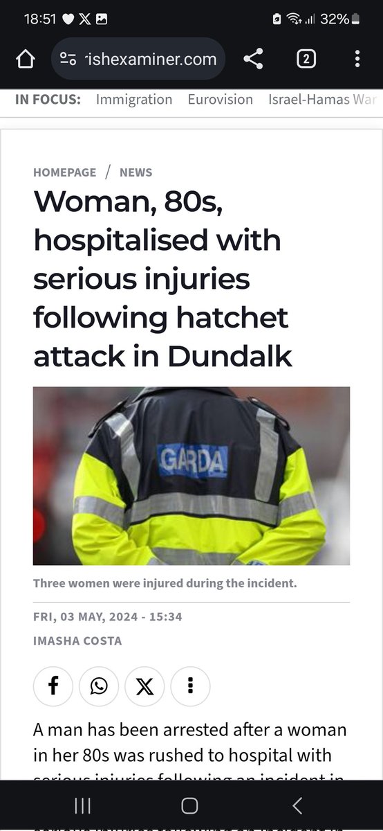 Woman, 80s, hospitalised with serious injuries following hatchet attack in Dundalk Three women were injured during the incident.  #IrelandisBroken irishexaminer.com/news/arid-4138…