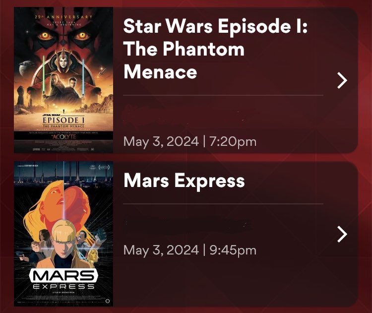 Hyped for today’s double feature. Star Wars: The Phantom Menace followed by Mars Express! 🎞️

#DoubleFeature #StarWars #ThePhantomMenace #MarsExpress