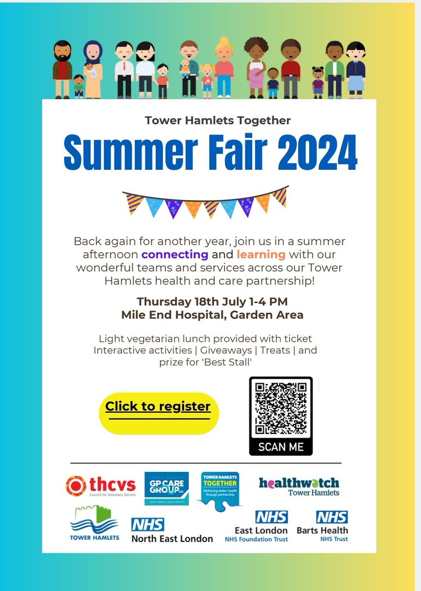 Join us for the @TH2GETHER #SummerFair2024, showcasing & celebrating integrated working in Tower Hamlets Health & Social Care. All local staff welcome! Register now: shorturl.at/moJS2 @RoyalLondonHosp @NHS_ELFT @THGPCareGroup @TowerHamletsCVS @TowerHamletsNow