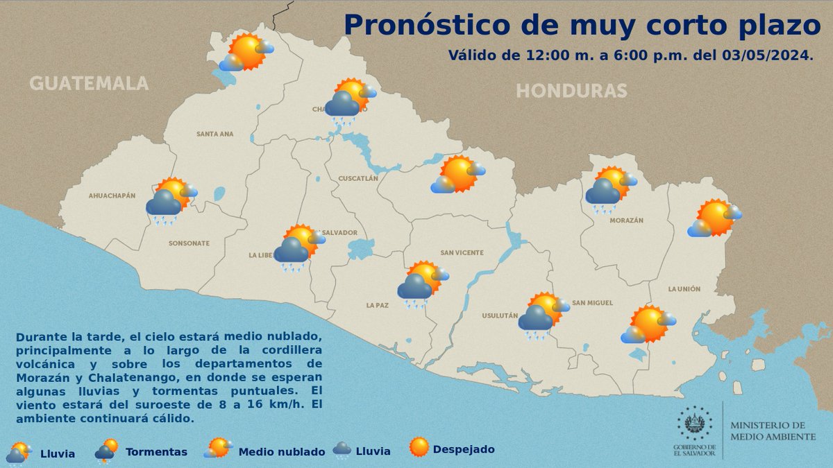 📌#ElObservatorioInforma Pronóstico de muy corto plazo, válido de 12:00 m. a 6:00 p.m. del 03/05/2024.