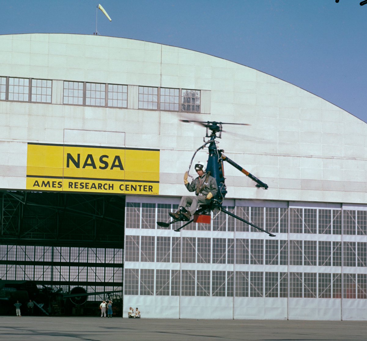 You've heard of a motorcycle, but how about a rotorcycle? In this 1963 shot from @NASAAmes, a test pilot takes a Hiller YRDE-1 rotorcycle for a spin. Three of Hiller's 12 ultralight, collapsible rotorcycles were evaluated at the NASA center.