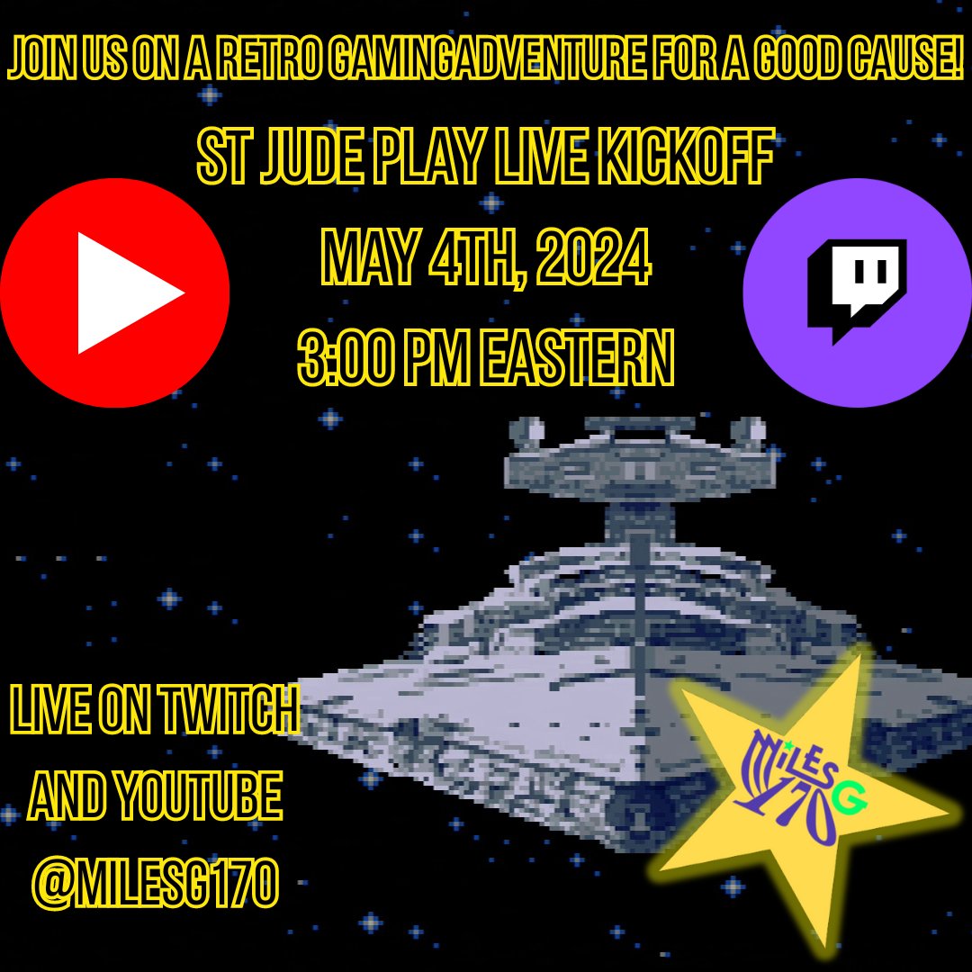 🌟 It’s almost time! Tomorrow at 3 PM ET, we’re playing retro #StarWars games to support @StJudePlayLive.

📺 Tune in: youtube.com/live/9wfsrqlux… or at Twitch.tv/MilesG170

Get your lightsabers ready! Let’s support  #MayThe4th #RetroGaming #CharityStream #GamingForGood