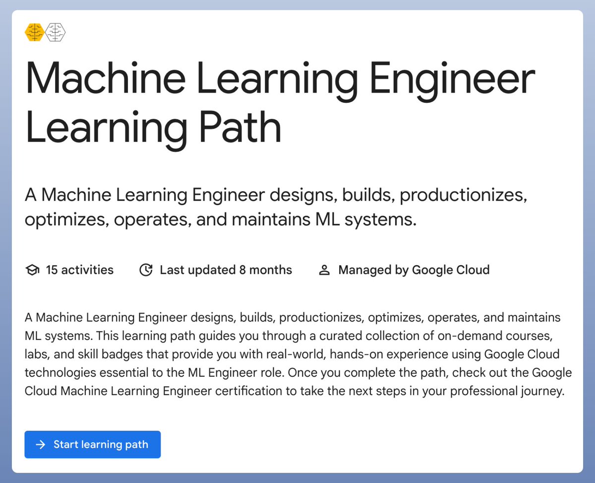 Google Machine Learning Engineering foundations!

Get access to 300 hours of content across 15 courses, ranging from beginner to advanced levels.

Topics cover: 

- MLOps
- Feature Engineering
- Recommendation Systems
- Machine Learning Fundamentals 
- Production Machine Learning…
