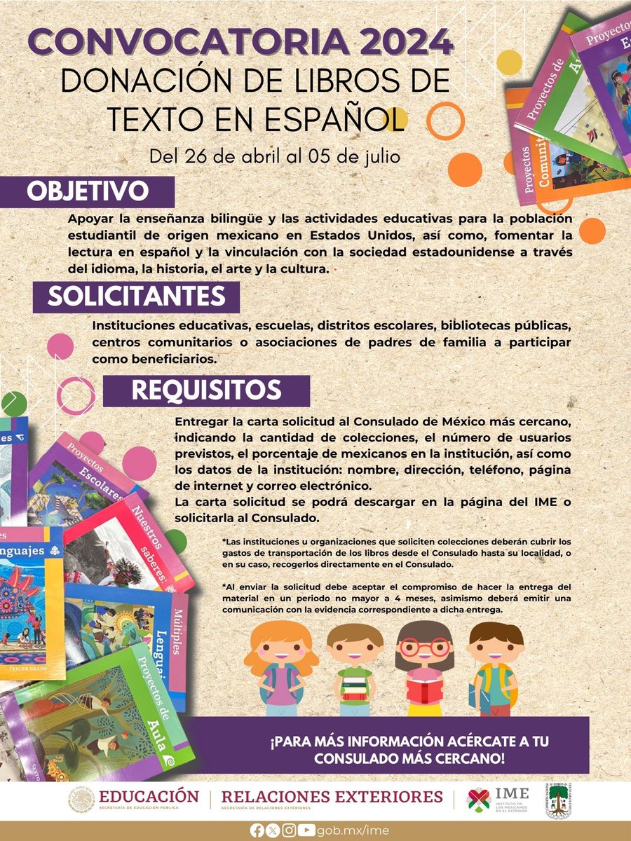 📚 Participa en el programa de donación de libros de texto para mexicanos en el exterior. Acude a tu consulado más cercano y llena la solicitud.

Más detalles en: ime.gob.mx/educacion/arti…
@SRE_mx 
#LibrosCONALITEG2024 #EducaciónParaTodasYTodos #EducaciónIME