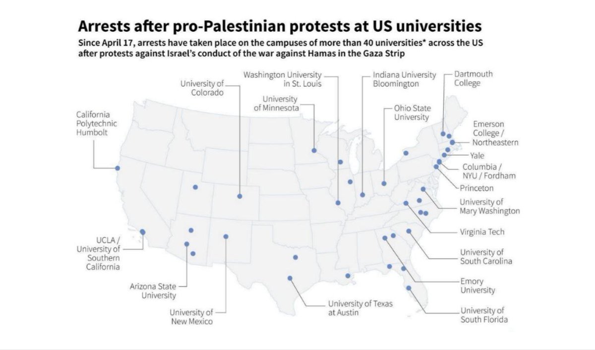 Carte des #40universités américaines où des manifestations pro-palestiniennes ayant protesté contre les sionistes ont donné lieu à des arrestations depuis le #17avril.