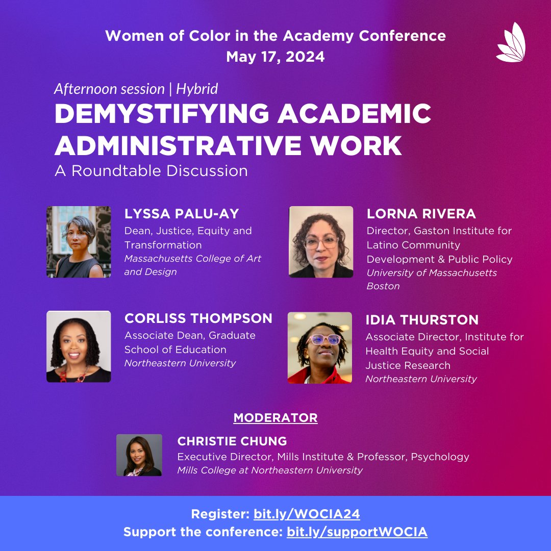 This roundtable discussion, moderated by Christie Chung, at #WOCIA Conference 2024 will feature top academics in administrative roles including Lyssa Palu-ay, Lorna Rivera, Corliss Thompson and Idia Thurston.

Register now - bit.ly/WOCIA24