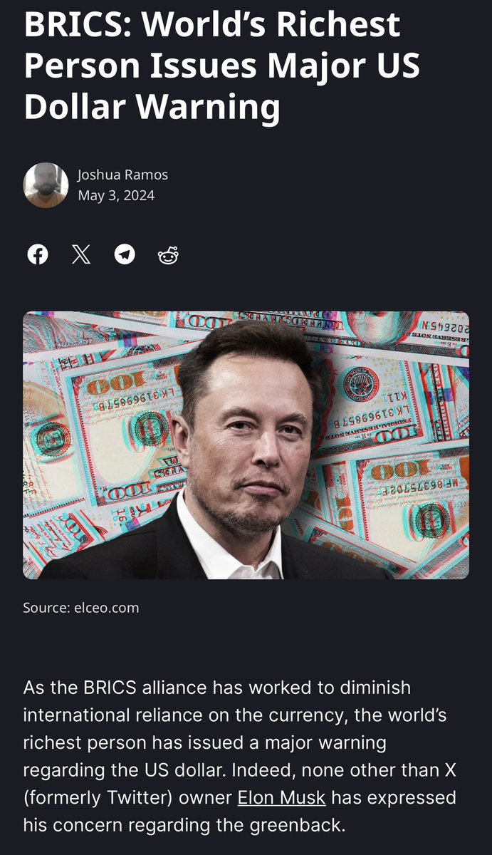 Elon issues warning about the US Dollar vs #BRICS+ The world will see.. ⬇️
