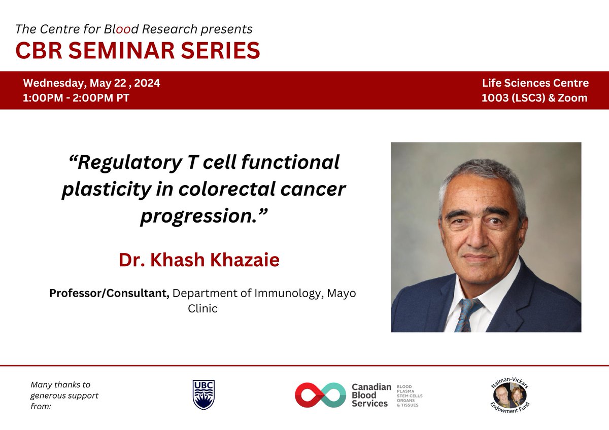 NEXT WEEK! CBR Seminar Series with Dr. Khash Khazaie on, “Regulatory T cell functional plasticity in colorectal cancer progression.” Join us in LSC3/Zoom from 1-2PM. See you there!
