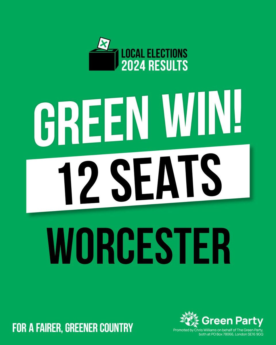 🎉 Congratulations to @worcsgreenparty on reaching 12 councillors on Worcester Council, achieving their best ever result. #GetGreensElected | #LocalElections2024