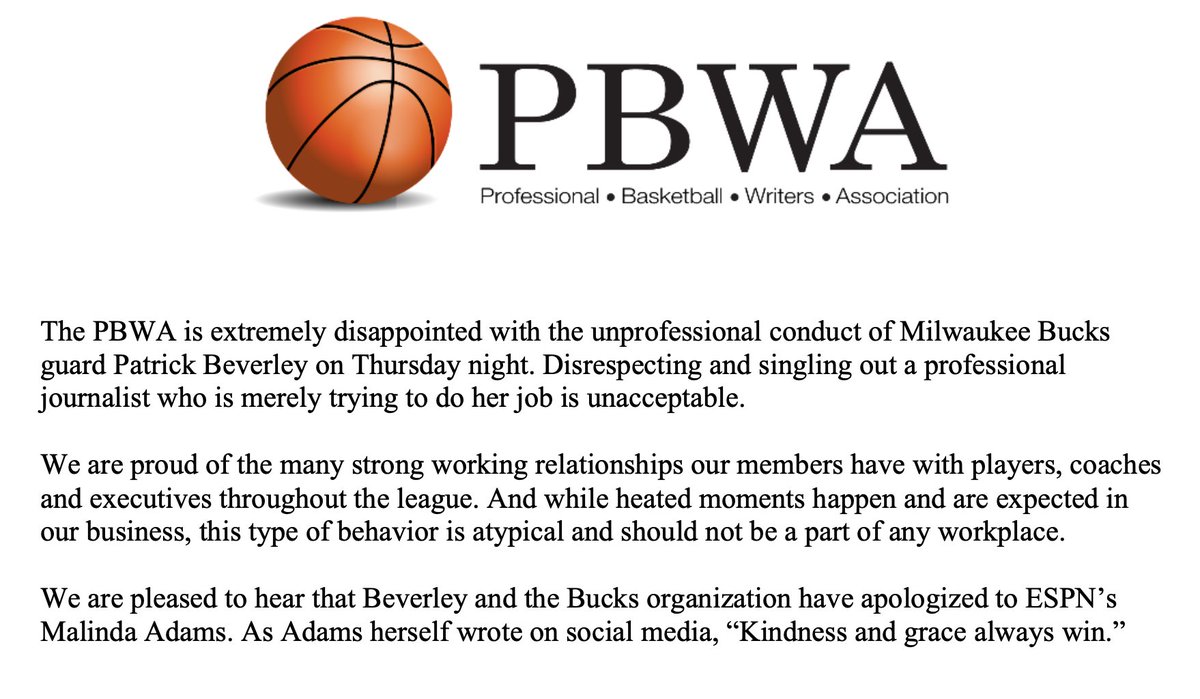 The PBWA has issued the following statement regarding Patrick Beverley's actions last night: