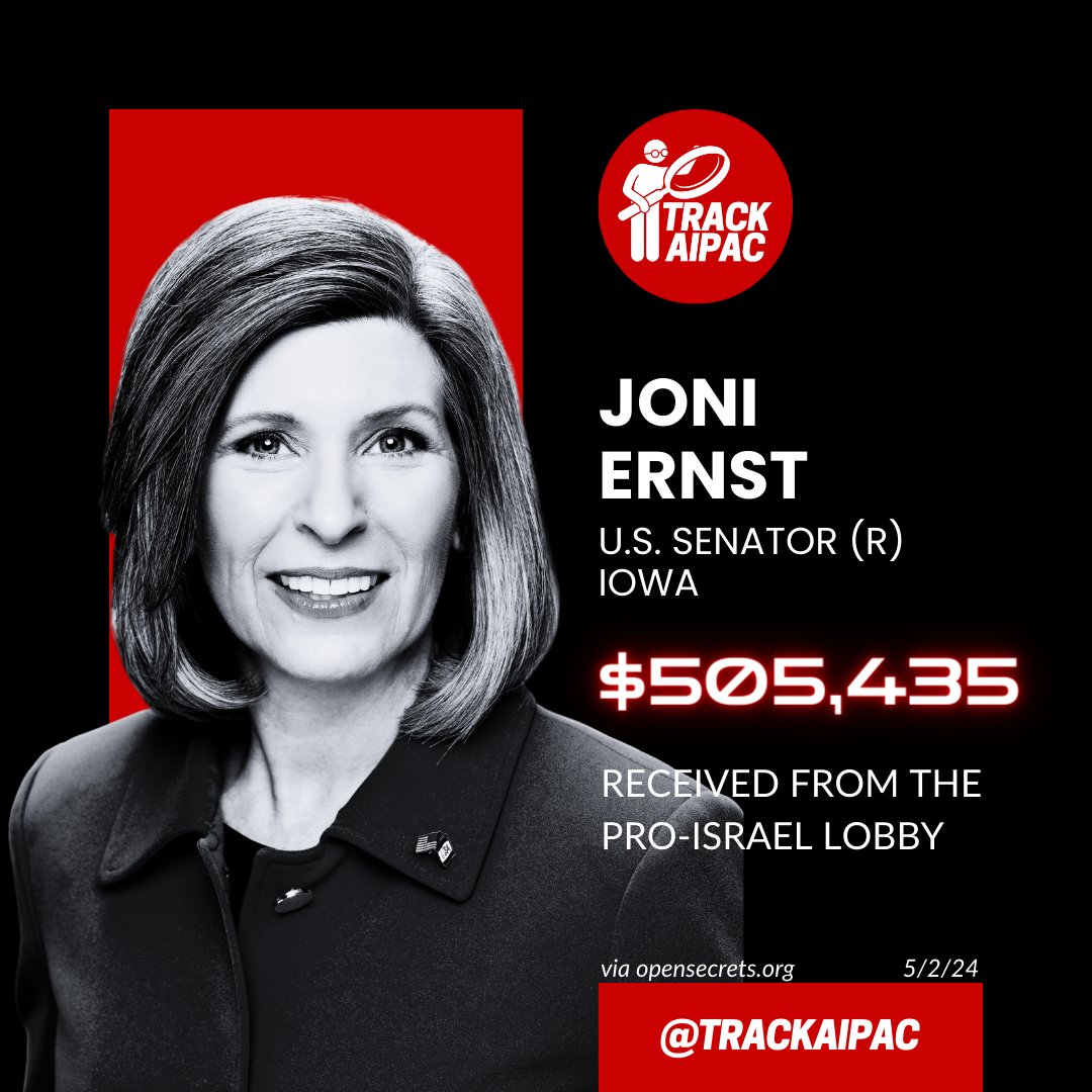 @SenJoniErnst #GenocideJoni has now collected OVER HALF A MILLION DOLLARS from AIPAC and the Israel lobby. She is paid to peddle talking points for a foreign entity. Joni Ernst is a traitor to American Democracy. #RejectAIPAC