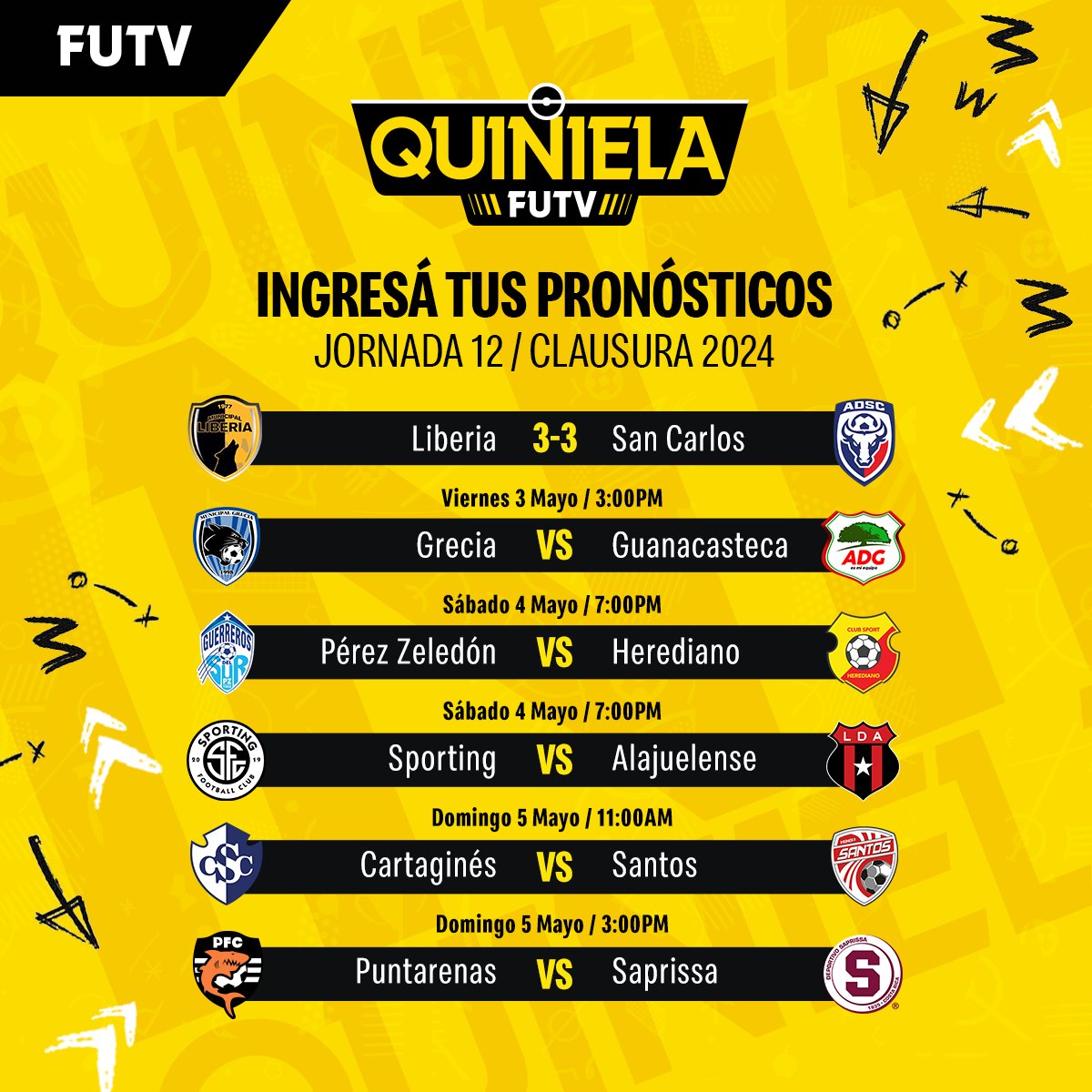 ¡Ingresá tus predicciones para la Jornada 12! ⚽️📝 Así podés participar por premios cada fecha en la #QuinielaFUTV del Clausura 2024 😃 🔗 quiniela.futvcr.com