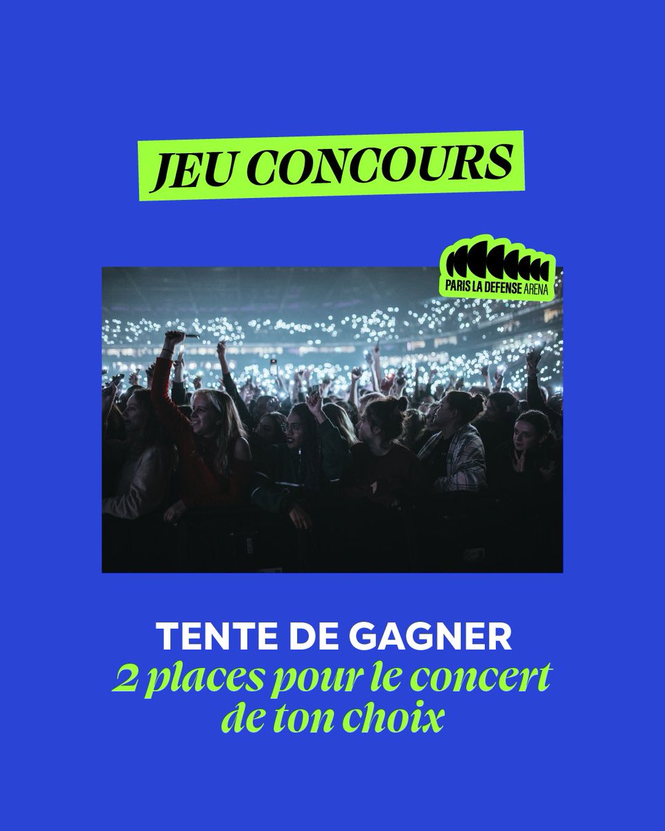 Tu rêves de vivre un concert à Paris La Défense Arena ?! 🤠 C’est ton jour, on t’offre 2 places pour le concert de ton choix 💎➡️ Pour participer : abonne-toi à @ParisLaDefArena, identifie 3 personnes en commentaire, like et RT ce post 🫶 Tirage au sort dès lundi 6 mai 2024 🍀