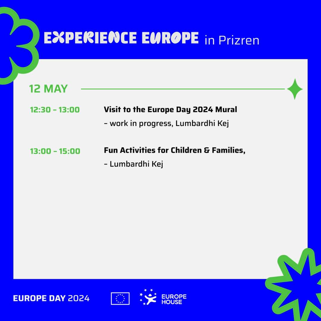 🎉 For Europe Day, Experience Europe in #Kosovo with activities on the 9th and the 12th of May in: 🪩 Pristina 🕺🏻 Mitrovica North 💃🏻 Prizren Join us for plenty of activities with music and games❗❗❗🎠🎷🪅 Check out the calendar of activities: 👇 👇 👇 👇 #EuropeDay2024