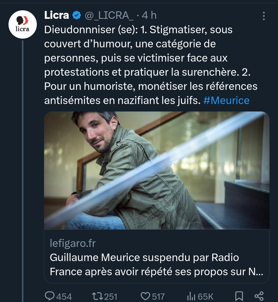 Quelqu'un peut- il dire à la LICRA que sa manip à 2 balles ne fonctionnera pas ? Et que son soutien à un criminel de guerre comme Netanyahou est particulièrement abject . Netanyahou massacre des bébés et Meurice fait des blagues. Qui est le méchant ? Meurice, pour ces tordus.