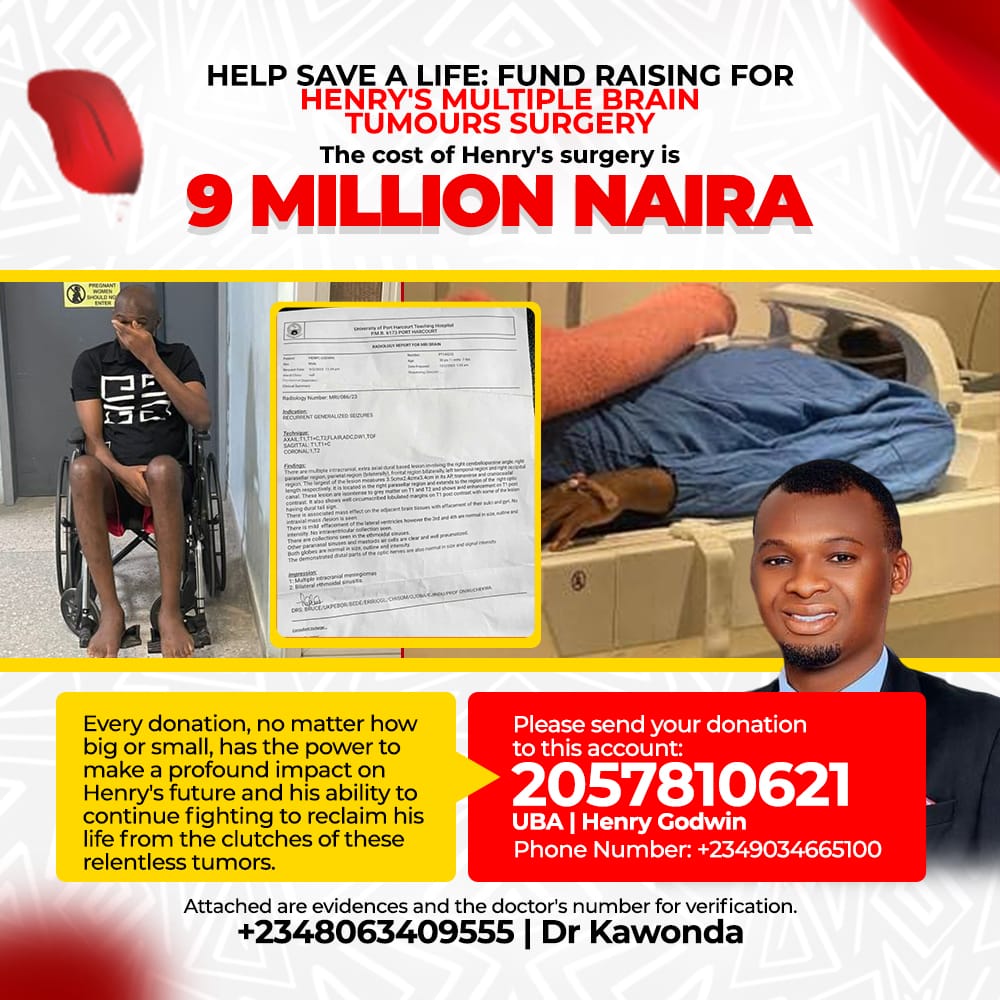 Good day everyone,

Please we're soliciting for financial support for a friend and brother who has been battling multiple brain tumor since 2021.
He has done surgeries but not enough.

Details in #thread 
No amount is too small and your #Retweet will go a long way 🙏